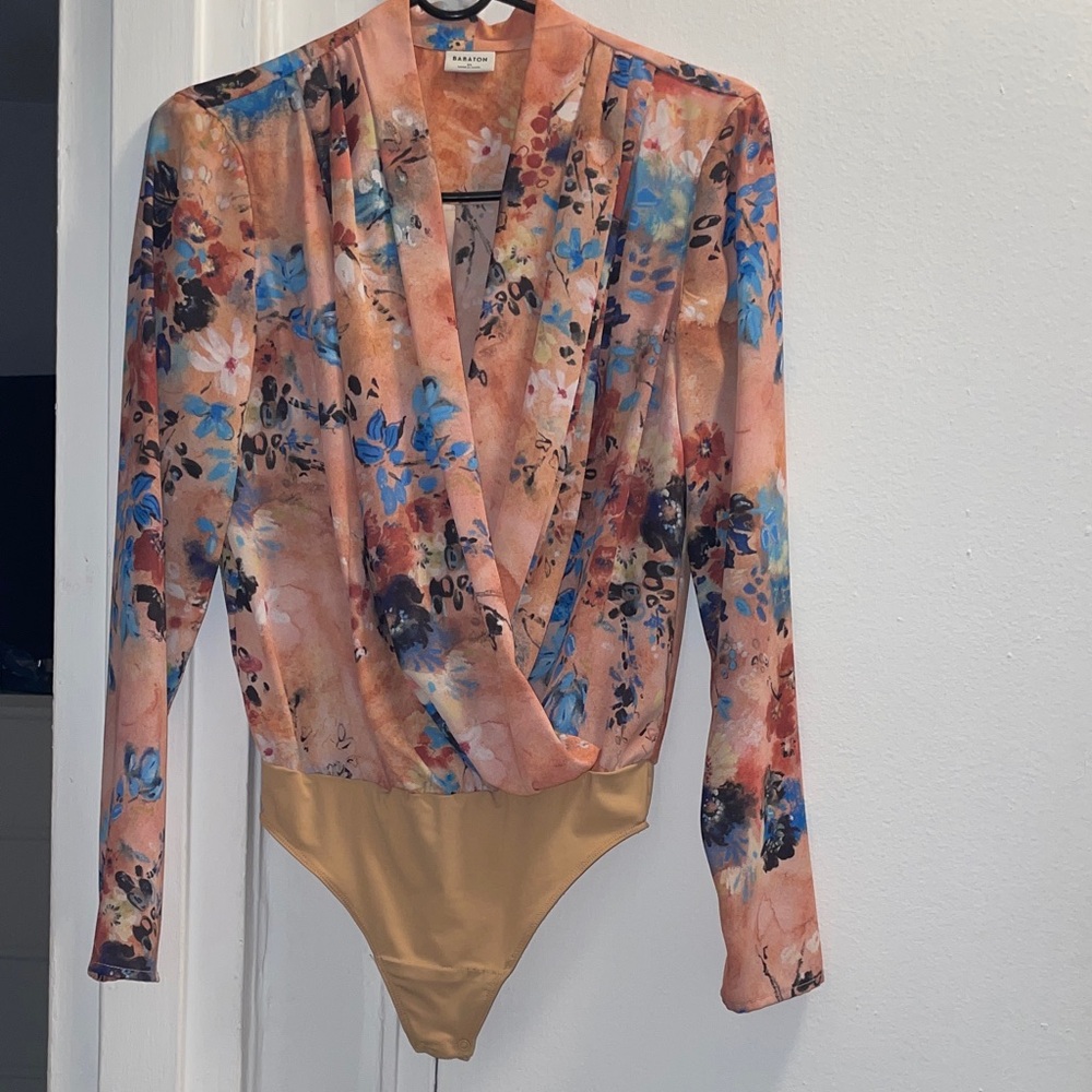 Babaton Orange and Blue Floral Blouse Bodysuit